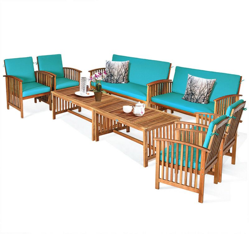 Tangkula 8PCS Wooden Patio Conversation Set Outdoor Furniture Set w/ Cushions, 1 of 8