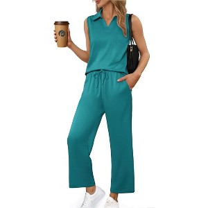 PINSPARK Two Piece Sets for Women Sleeveless Outfits Travel Tracksuit V Neck Top Wide Leg Pant Lounge Sets 2025 Summer - 1 of 4