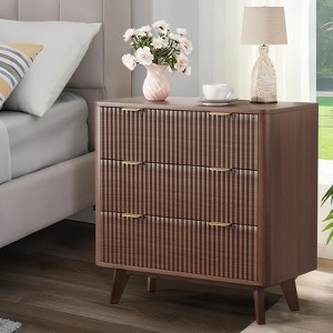 Nightstand, Contemporary Style with 3 Drawers, Faux Marble Top, 32" Wide Grooved Wood Nightstand with Curved Profile - 1 of 4