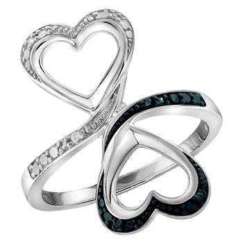 Women's Sterling Silver Round-Cut Blue and White Diamond Prong Set Double Heart Ring - White