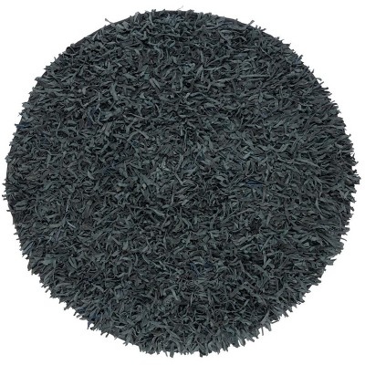 Gray Round Handmade Leather Shag Area Rug