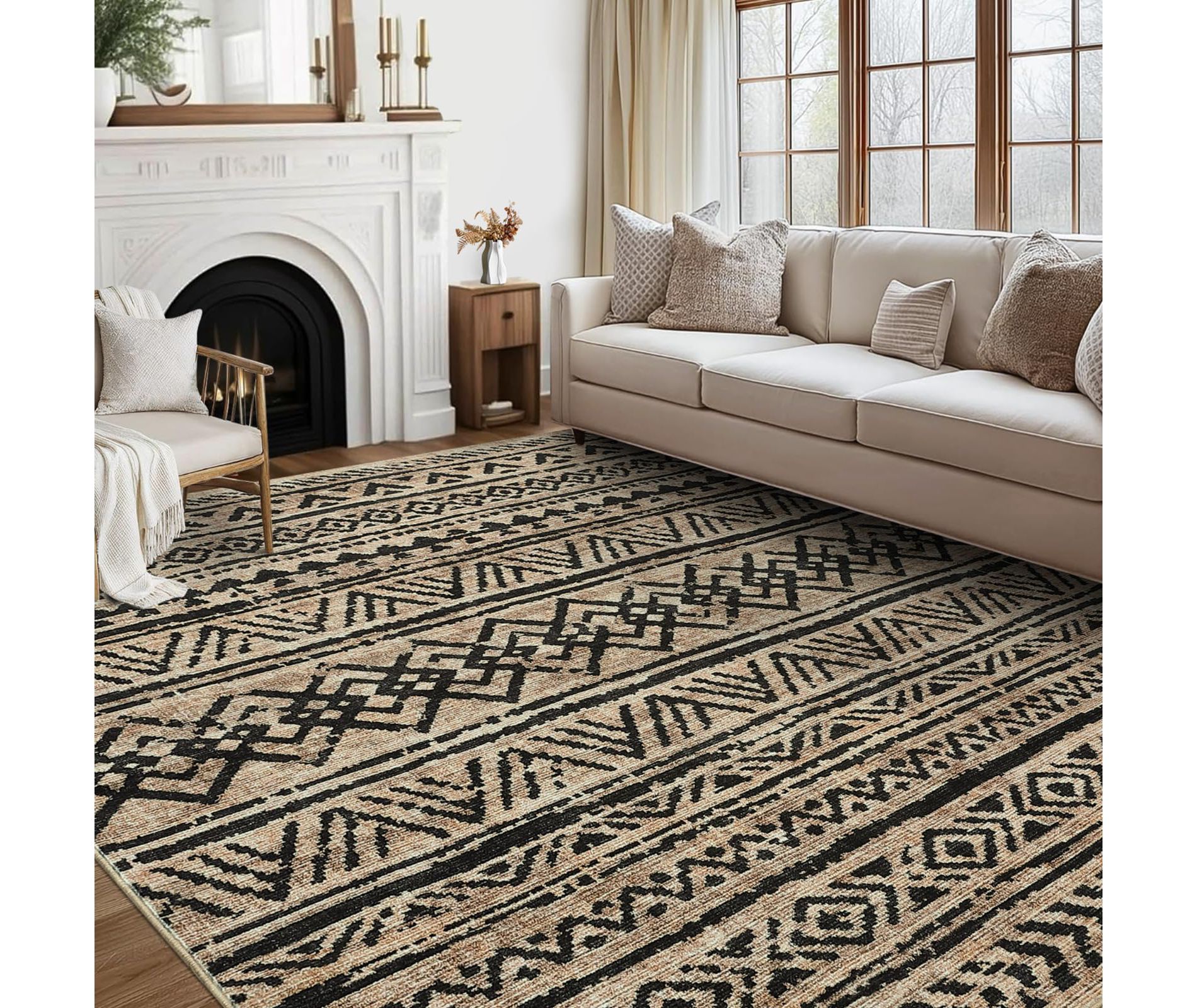 5x7 Washable Rugs Non Slip - Boho Geometric Area Rug for Living Room, Bedroom (Neutral)