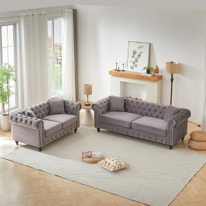 3-Seater + 2-Seater Velvet Modern Sofa with Tufted Buttons and Rolled Arms, Solid Wood Frame with Wooden Legs, Includes 4 Cushions for Living Room - 1 of 4