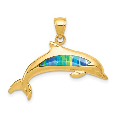 Black Bow Jewelry 14k Yellow Gold & Imitation Opal Dolphin Pendant