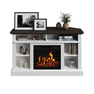 White Corner TV Stand with Electric Fireplace and Storage Cabinet