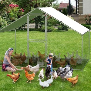 Outdoor Metal Chicken Coop with Dual Doors, Galvanized Chicken Run with Waterproof UV Cover, Large Spire Roof Hen House, 9.8' x 19.7' x 6.6' - 1 of 4