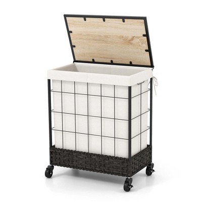 Costway 110L Large Capacity Handwoven Rattan Laundry Basket with Lid & Lockable Wheels