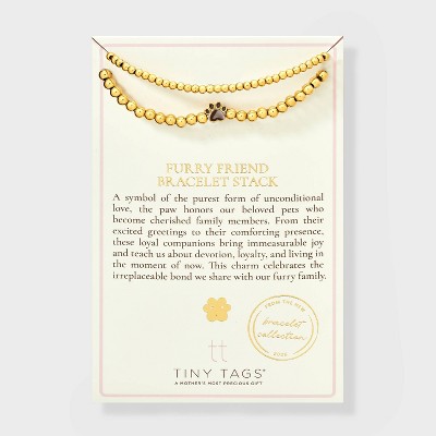 Tiny Tags 14K Gold Ion Plated with Brown Enamel Paw Print Beaded Stretch Bracelet Set - Gold