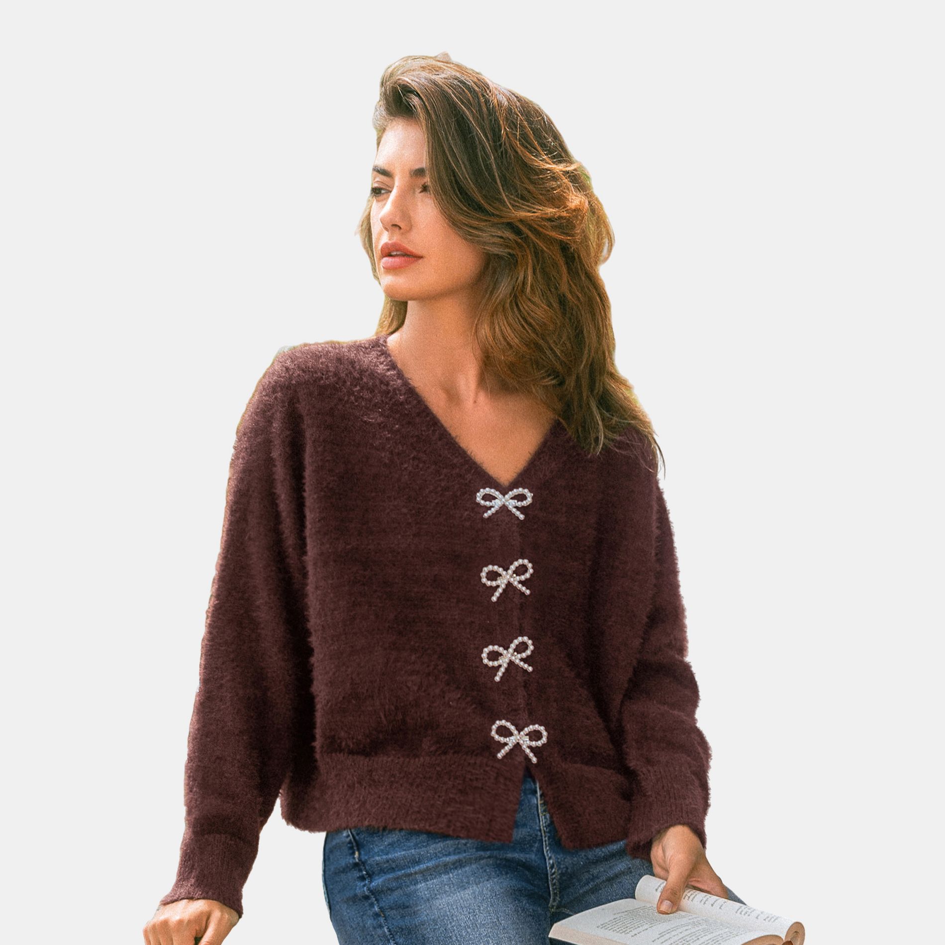Women's Cozy Bow-Adorned Cardigan Sweater - Cupshe-M-Brown