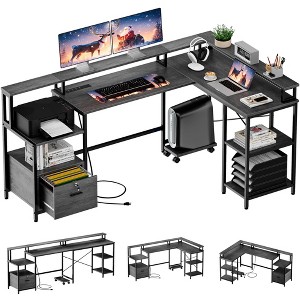 L-Shaped Desk Computer Desk - 76'' Reversible Office/Corner/Gaming Desk with File Drawer, Power Outlet, Monitor Shelf (Grey Oak) - 1 of 4
