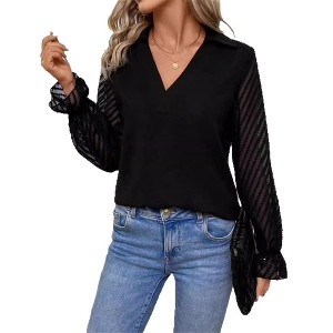 Coolmee Long Sleeve Shirts for Women V Neck Lace Tops Dressy Business Casual Blouses Work Shirt - 1 of 4