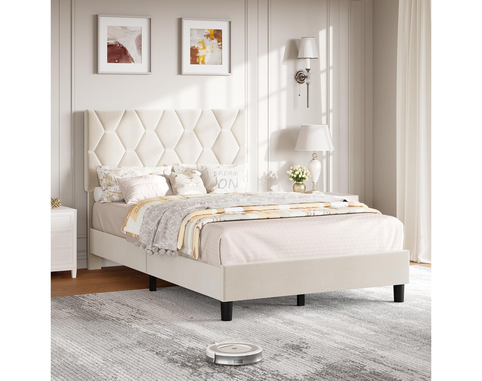 Acekool Twin Upholstered Bed - Diamond Stitch Headboard & Solid Wood Slats
