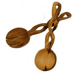 Slickblue 8-Inch Hand-Carved Wooden Salad Serving Set - Rustic Olive Wood with Braided Handle, 2-Piece - 1 of 3