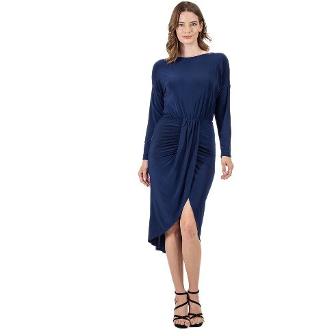 24seven Comfort Apparel Womens Long Sleeve Dressy Tulip Skirt Knee Length  Dress-Navy-1X