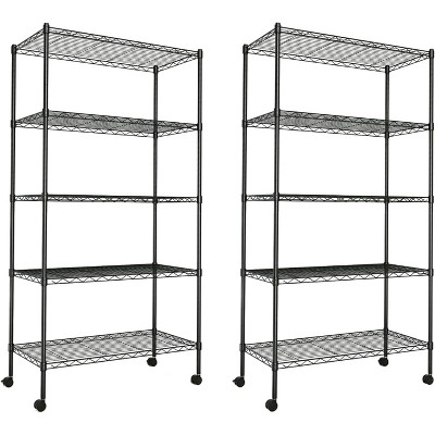Vynxaria Black 5-Tier Utility Storage Shelves with Wheels, Heavy Duty Adjustable, 29.92" D x 13.98" W x 62.99" H, 2 Pack