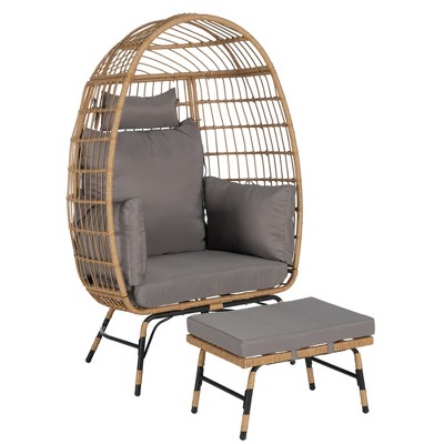 Infurnic Patio Accent Chairs, Outdoor Wicker Egg Chair with Soft Cushions and Footstool for Patio Backyard Living Room, Gray, 36.22"*27.2"*57.1"