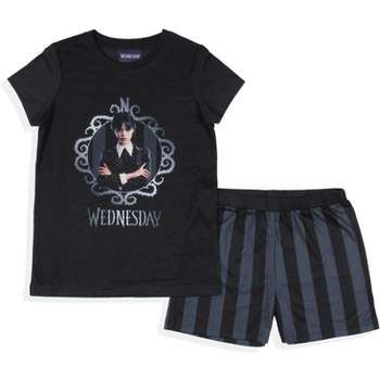 Wednesday Addams Girls' Striped Sleep Pajama Set Shorts and Shirt Black