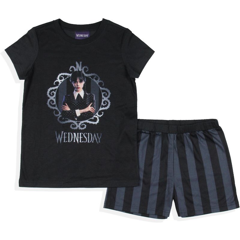 Wednesday Addams Girls' Striped Sleep Pajama Set Shorts and Shirt Black, 1 of 7
