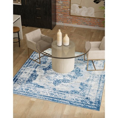 Sofia Medallion Square Stain-Resistant Easy Care Rug in Blue