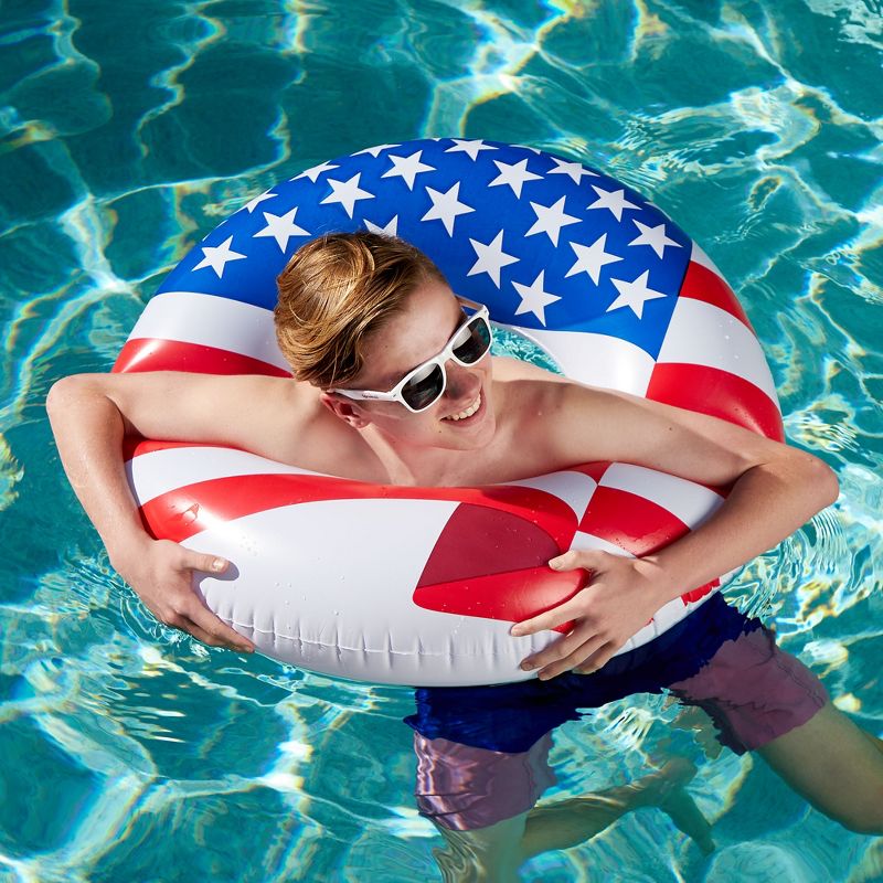 Swimline 90196 Round 36 Inch Inflatable Patriotic American Flag Swimming Pool or Lake Tube Lounger Water Float for Kids and Adults, Red, White, Blue, 5 of 7