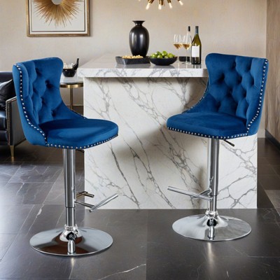 Modern Velvet Counter Height Swivel Bar Stools Chairs, Height-Adjustable Upholstered Barstools with Silver Legs, Set of 2