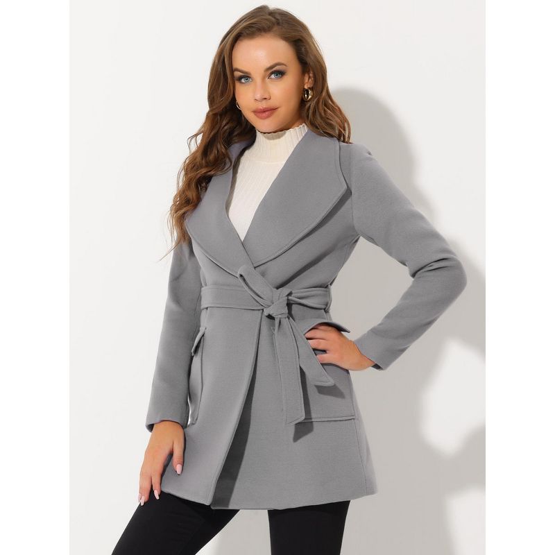 Allegra K Women's Shawl Collar Lapel Winter Belted Coat with Pockets, 3 of 7