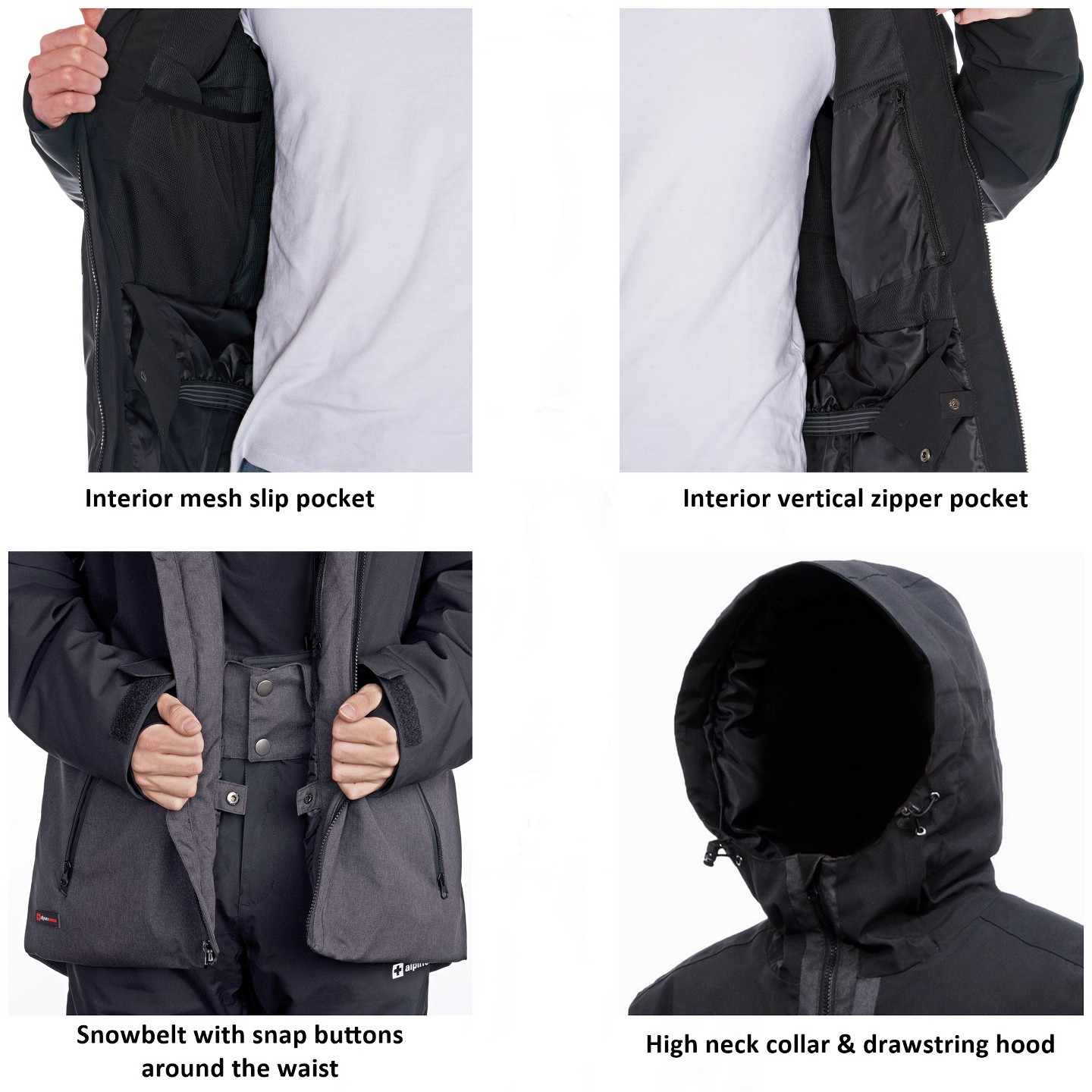 Мужская куртка Alpine Swiss Waterproof Ski Jacket Hooded Snowboarding Coat Warm Winter Snow Jacket Raincoat Black Charcoal, цвет: Чёрный — фото 4