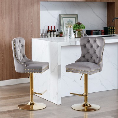 NicBex Swivel Bar Stools Set of 2 with Gold Base,Island Chairs with Tufted Backrest,Adjustable Height 27-35" Velvet Barstools for Kitchen,Bar