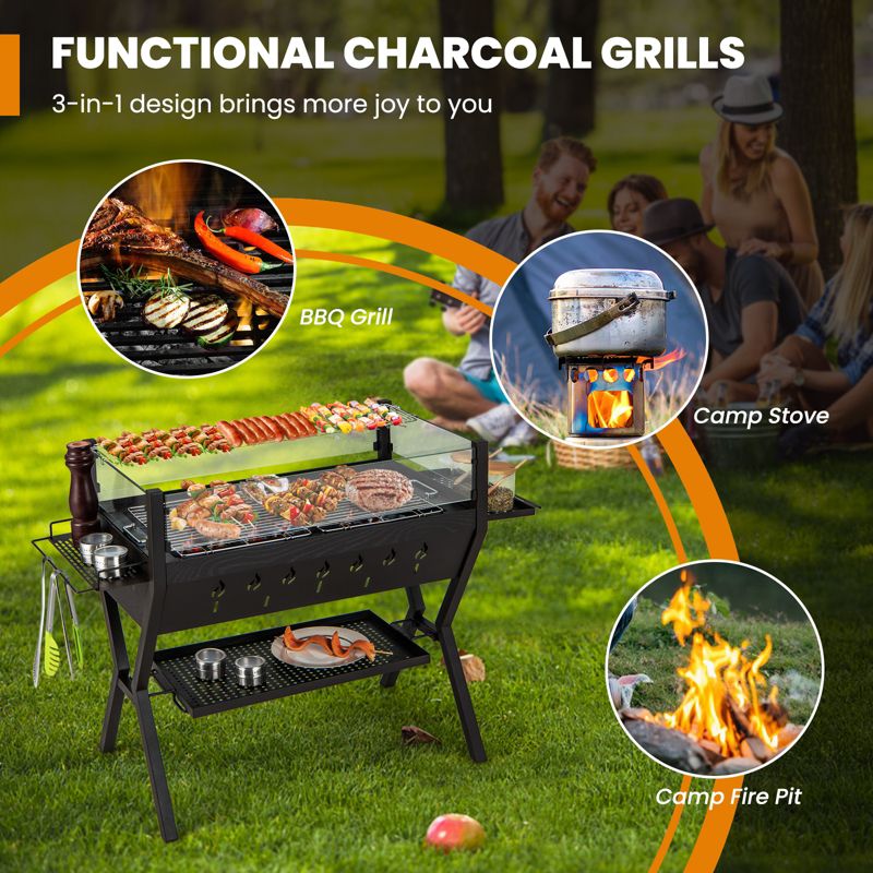 Tangkula Barbecue Charcoal Grills Stainless Steel Camping Grill w/ Wind Guard Seasoning Racks & Storage Shelf, 4 of 10