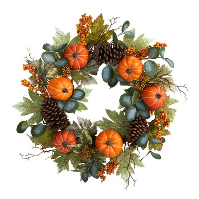 Nearly Natural 24-in Pumpkins, Pine Cones and Berries Fall Artificial Wreath