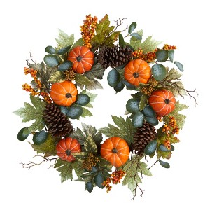 Nearly Natural 24-in Pumpkins, Pine Cones and Berries Fall Artificial Wreath - 1 of 3