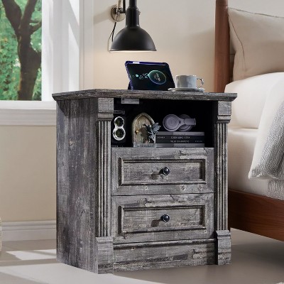 SinCiDo 26" H Farmhouse Nightstand w/ Charging Station 23.6" W Rustic End Table Roman Column,Open Shelf,2 Drawers & Metal Handles