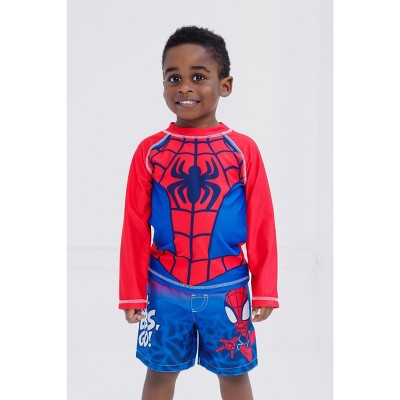 Marvel Spidey and His Amazing Friends Little Boys' Cosplay Raglan Long Sleeve Swim Shirt and Board Shorts Outfit Spider Man Red Navy 6 — фото 2