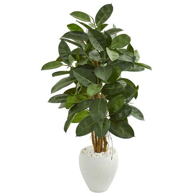 Nearly Natural 53” Artificial Rubber Tree in White Planter
