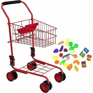 Red Toy Shopping Cart with Food, Sturdy Metal Frame, Folds for Easy Storage. - 1 of 4