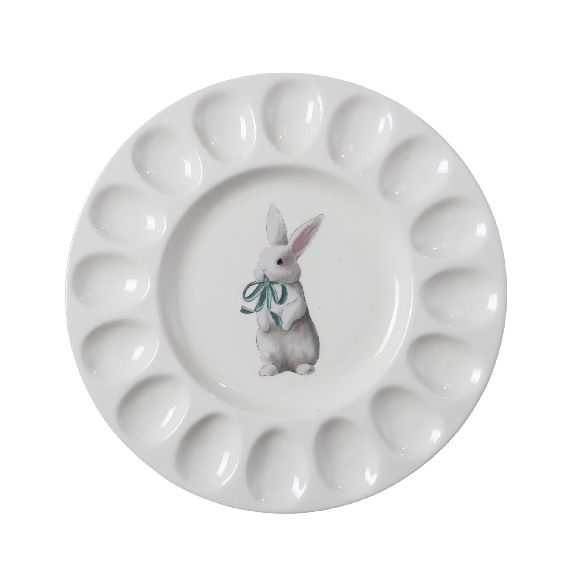 Transpac Ceramic Egg Plate with Mint Julep Bunny Art Tabletop Platter Multicolored for Easter Serving and Entertaining