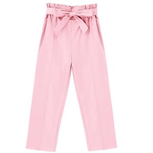 Girls High Waist Paper Bag Pants Belted Waist Tapered Pants Bow Deco Pants with Pocket,Pink - 160 - 1 of 4