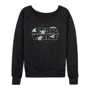 Women's - Star Wars - The Mandalorian Grogu Star Wars Lightweight French Terry Wide Neck Long Sleeve Graphic Shirt - 1 of 4