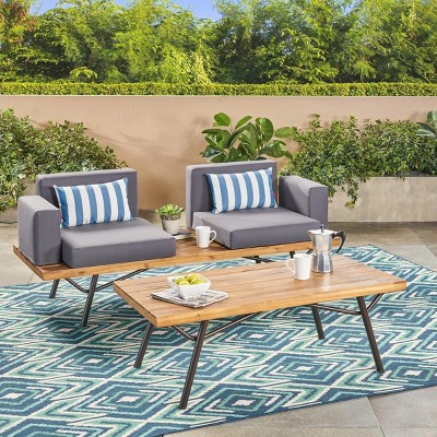 2-Piece Outdoor Seating Set, Seperate-seat Loveseat and Acacia Top Coffee Table, Acacia Chair with Iron Frame and Foam Cushions-Coolbibila