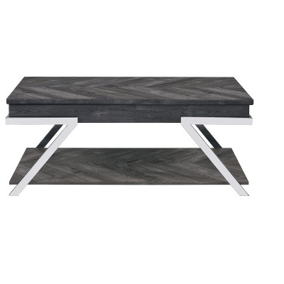 Vynxaria Rustic Lift Top Cocktail Table Gray, Silvershield Tops, Canted Chrome Legs, Undertop/Bottom Shelf, Simulated Chevron Veneer