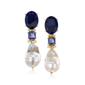 Ross-Simons 13-14mm Cultured Baroque Pearl and 5.25 ct. t.w. Iolite Drop Earrings With Lapis in 18kt Gold Over Sterling - 1 of 4