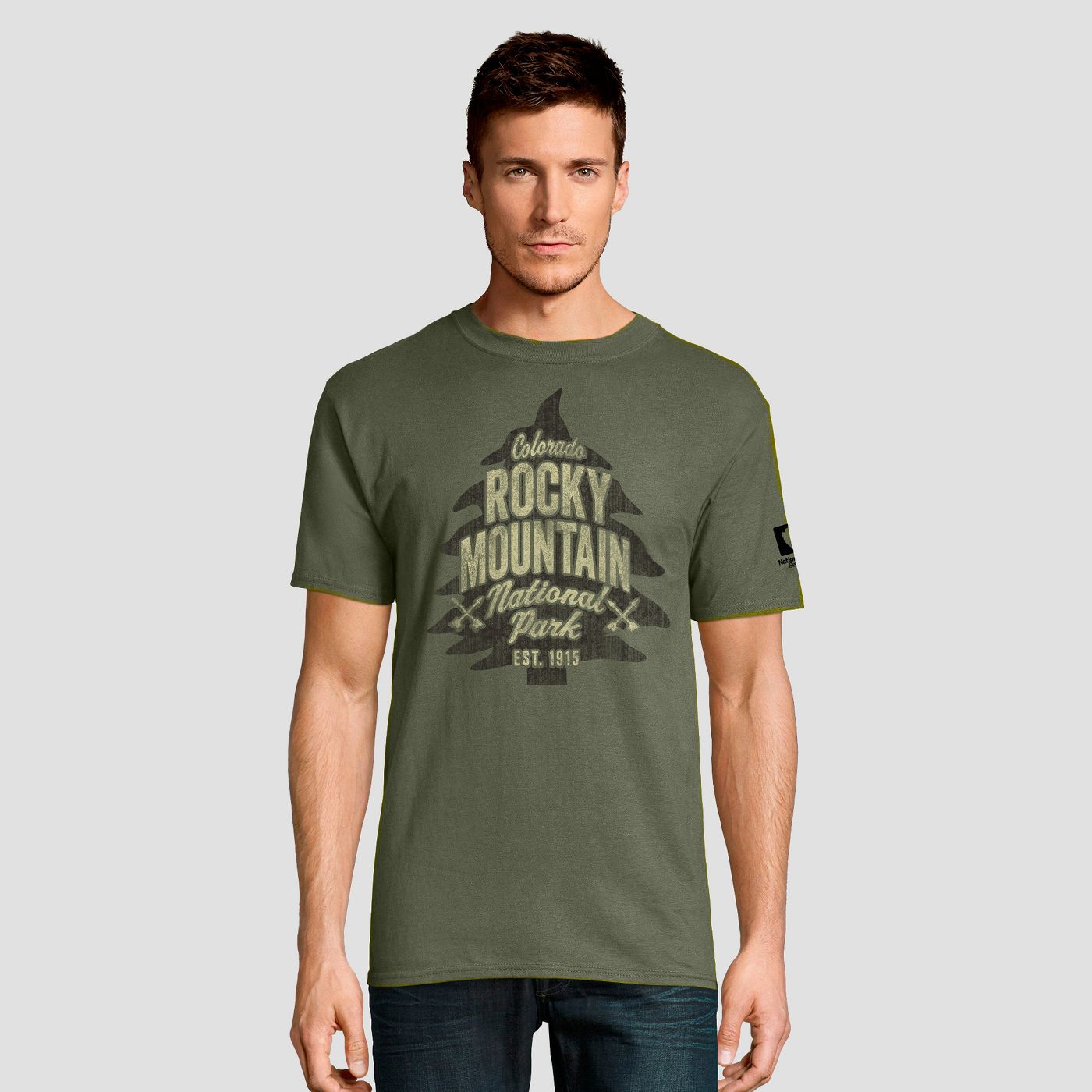 Hanes Men's Short Sleeve National Parks Rocky Mountain Graphic T-Shirt - Light Olive - image 1 of 5