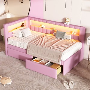 Whisen Modern Full Size Upholstered Platform Bed with LED Lights, USB Ports & Pull-Out Trundle, No Box Spring Needed - 1 of 4