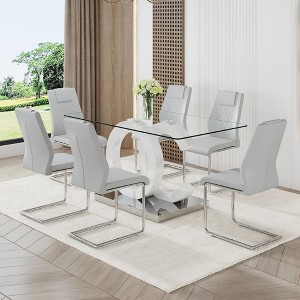 NicBex 63" Dining Table Set for 6 Rectangular Transprant Tempered Glass Dining Table with White MDF OC Bracket with 6 Chairs - 1 of 4