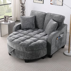 42.68'' Corduroy 2-Seater Sofa Chaise Longue with Irregular Armrests, Plush Cushions, Footrest Storage, and Two Throw Pillows - 1 of 4