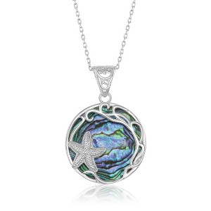 Bella Silver Sterling Silver Round Abalone with Starfish & Filigree Design 18" Pendant Necklace - Multi - 1 of 2