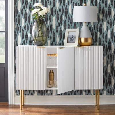 White and Gold Channel Front Sideboard with Adjustable Shelf