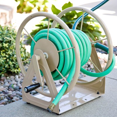 Tan Steel Wall Mount Garden Hose Reel with Crank Handle