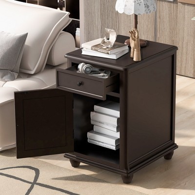 End Table with Storage, Narrow Side Table with Charging Station, Small Wood Nightstand, Sofa Side Table for Living Room Bedroom