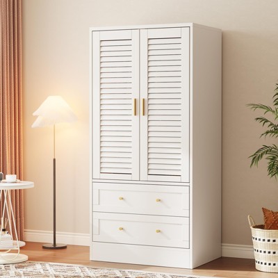 65 Inch Wardrobe Armoire Closet with 2 Shutter Doors, 2 Drawers, Hanging Rod, Large Capacity Storage, Freestanding Wooden Closet Cabinet